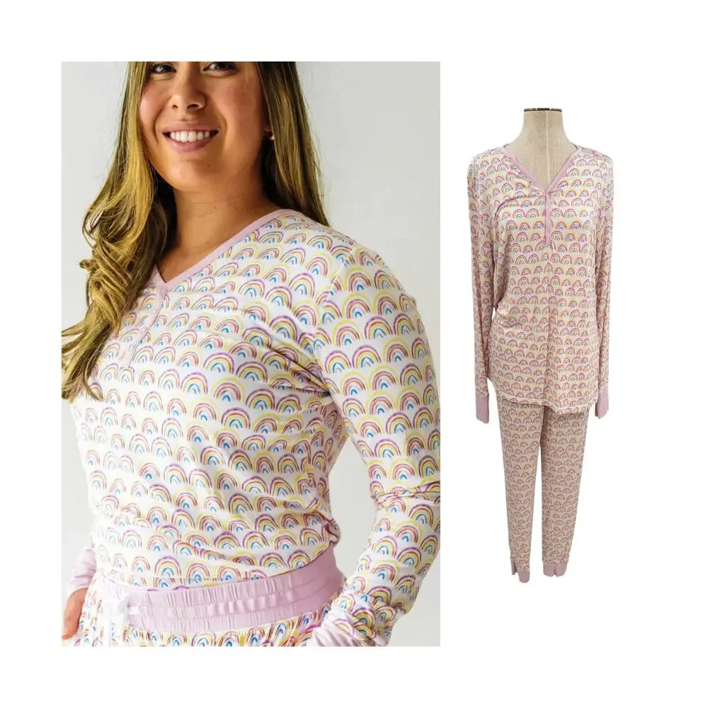 Little Sleepies Pastel Rainbows Bamboo Two Piece Pajama Set Pink Women's Large
